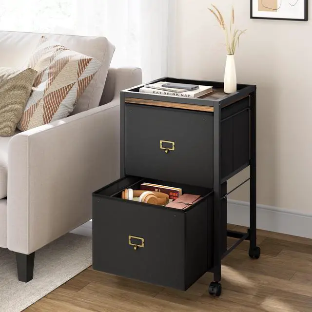 Alt view image 4 of 7 - 2 Drawer File Cabinet, Mobile Filing Cabinet for Home Office Fits A4 or Letter Size, Fabric Vertical File Cabinet with Wheels, Home Office Small Under Desk Storage Cabinet, Rustic Black