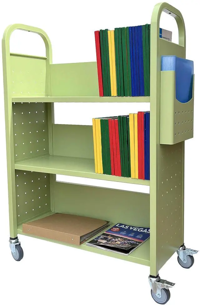 Main image of Rolling Book Truck Book Cart with 3 Flat Shelves, Library Book Cart with Swivel Lockable Casters 3001 Apple Green