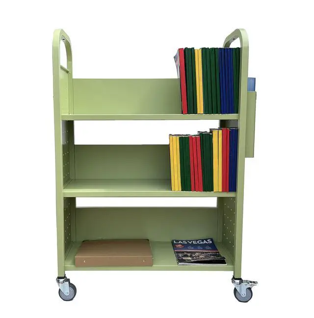 Alt view image 2 of 7 - Rolling Book Truck Book Cart with 3 Flat Shelves, Library Book Cart with Swivel Lockable Casters 3001 Apple Green