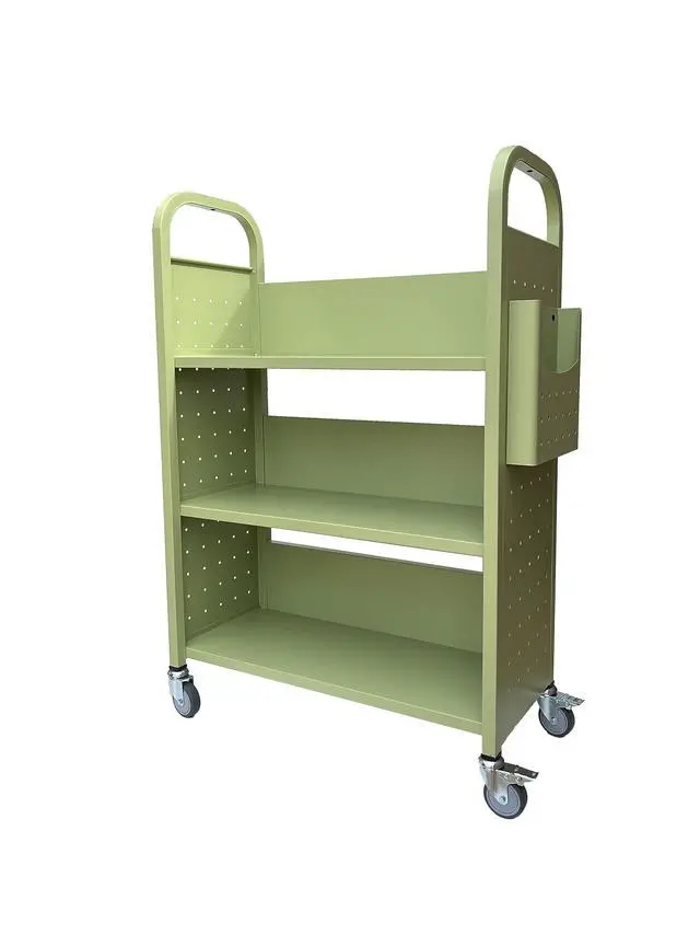 Alt view image 4 of 7 - Rolling Book Truck Book Cart with 3 Flat Shelves, Library Book Cart with Swivel Lockable Casters 3001 Apple Green