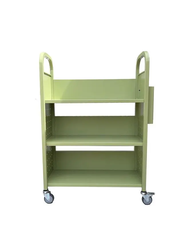 Alt view image 5 of 7 - Rolling Book Truck Book Cart with 3 Flat Shelves, Library Book Cart with Swivel Lockable Casters 3001 Apple Green