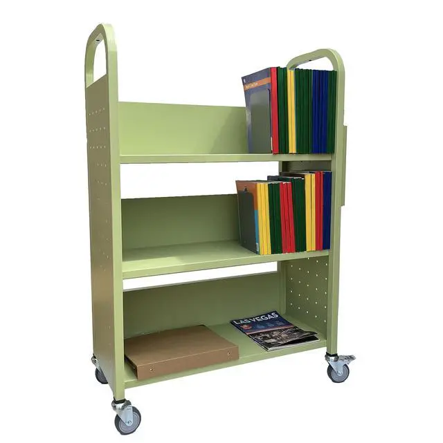 Alt view image 3 of 7 - Rolling Book Truck Book Cart with 3 Flat Shelves, Library Book Cart with Swivel Lockable Casters 3001 Apple Green
