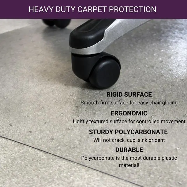 Alt view image 3 of 7 - Office Chair Mat for Carpeted Floors, Heavy Duty Polycarbonate for Medium Pile Carpets, Rectangular 48" x 60" Clear Office Chair Carpet Protector