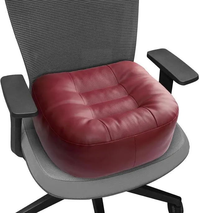 Main image of Leather Seat Cushion Extra-Thick Booster for Office Chair to Rise Height - Full Filling for Support - with Breathable Cover, Handle and Buckle - Relieves Back Pain 18"x16"x6" (Red)