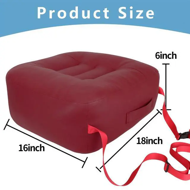 Alt view image 2 of 7 - Leather Seat Cushion Extra-Thick Booster for Office Chair to Rise Height - Full Filling for Support - with Breathable Cover, Handle and Buckle - Relieves Back Pain 18"x16"x6" (Red)