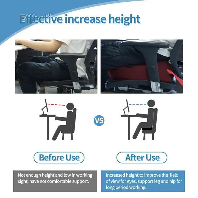 Alt view image 3 of 7 - Leather Seat Cushion Extra-Thick Booster for Office Chair to Rise Height - Full Filling for Support - with Breathable Cover, Handle and Buckle - Relieves Back Pain 18"x16"x6" (Red)