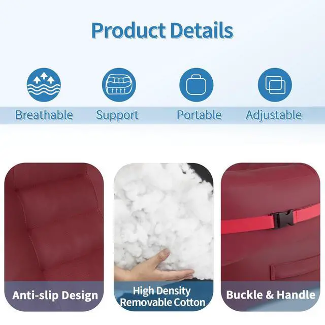 Alt view image 4 of 7 - Leather Seat Cushion Extra-Thick Booster for Office Chair to Rise Height - Full Filling for Support - with Breathable Cover, Handle and Buckle - Relieves Back Pain 18"x16"x6" (Red)