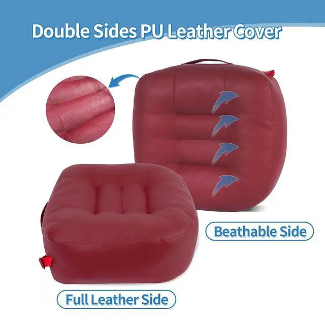 Alt view image 5 of 7 - Leather Seat Cushion Extra-Thick Booster for Office Chair to Rise Height - Full Filling for Support - with Breathable Cover, Handle and Buckle - Relieves Back Pain 18"x16"x6" (Red)