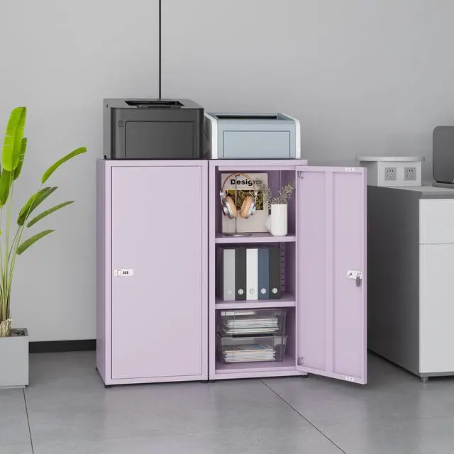 Alt view image 2 of 7 - Metal Storage Cabinet with Lock, 3 Adjustable Shelves Single Door Steel Locker for Home, Office & Garage (Purple)