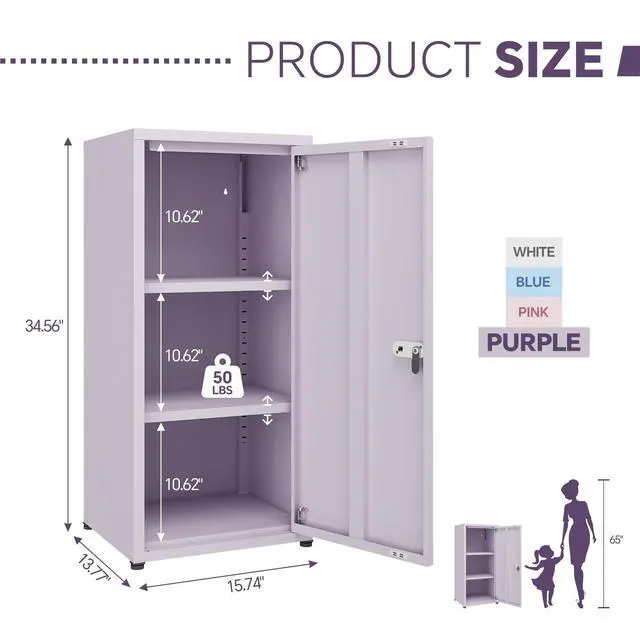 Alt view image 3 of 7 - Metal Storage Cabinet with Lock, 3 Adjustable Shelves Single Door Steel Locker for Home, Office & Garage (Purple)