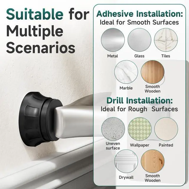 Alt view image 7 of 7 - 6PCS Modern Black Door Stoppers for Wall, 1.65 Inch, Aluminum | No Drill Adhesive or Screw Mount, Textured Aluminum Door Knob Wall Protector for Home & Office