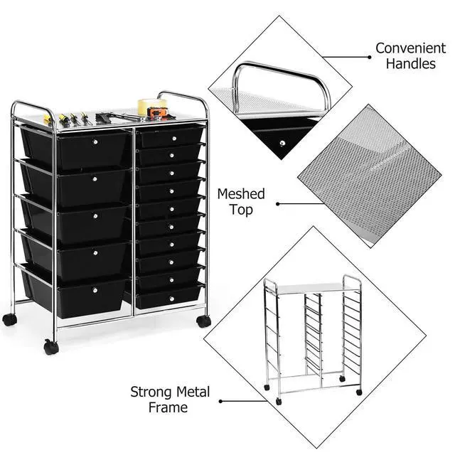 Alt view image 7 of 7 - Byroce 15-Drawer Storage Rolling Cart, Mobile Classroom Craft Organizer for Art Supplies, Tools & Paper, Multipurpose Storage Cart on Wheels for School, Home Office (Black)