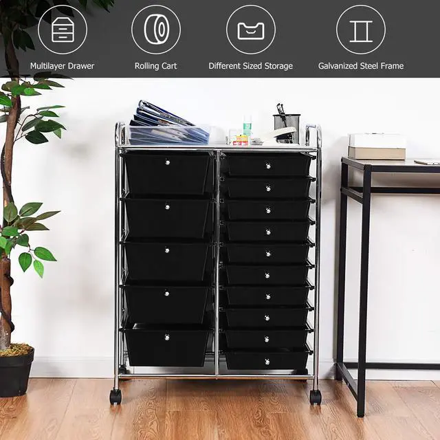 Alt view image 6 of 7 - Byroce 15-Drawer Storage Rolling Cart, Mobile Classroom Craft Organizer for Art Supplies, Tools & Paper, Multipurpose Storage Cart on Wheels for School, Home Office (Black)