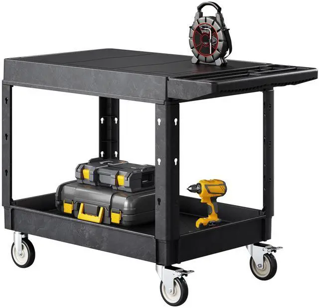 Main image of Utility Cart, 550 lbs Load Capacity, 37 x 25.4-inch Service Cart, Two-Shelf Heavy Duty Plastic Utility Cart with 360° Swivel Wheels (2 with Brakes), Suitable for Warehouse, Garage, Cleaning