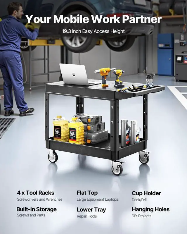 Alt view image 2 of 7 - Utility Cart, 550 lbs Load Capacity, 37 x 25.4-inch Service Cart, Two-Shelf Heavy Duty Plastic Utility Cart with 360° Swivel Wheels (2 with Brakes), Suitable for Warehouse, Garage, Cleaning