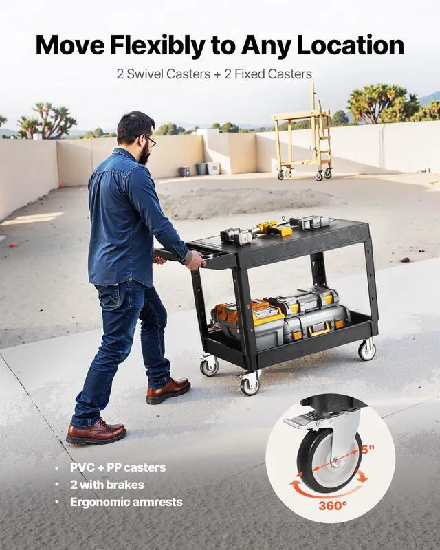 Alt view image 4 of 7 - Utility Cart, 550 lbs Load Capacity, 37 x 25.4-inch Service Cart, Two-Shelf Heavy Duty Plastic Utility Cart with 360° Swivel Wheels (2 with Brakes), Suitable for Warehouse, Garage, Cleaning