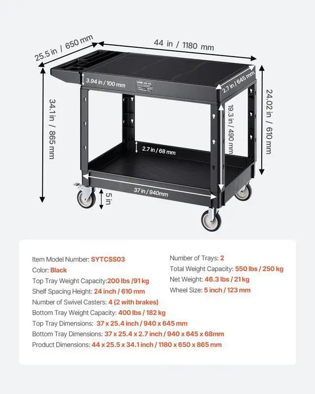 Alt view image 7 of 7 - Utility Cart, 550 lbs Load Capacity, 37 x 25.4-inch Service Cart, Two-Shelf Heavy Duty Plastic Utility Cart with 360° Swivel Wheels (2 with Brakes), Suitable for Warehouse, Garage, Cleaning