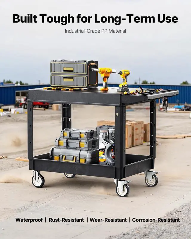 Alt view image 5 of 7 - Utility Cart, 550 lbs Load Capacity, 37 x 25.4-inch Service Cart, Two-Shelf Heavy Duty Plastic Utility Cart with 360° Swivel Wheels (2 with Brakes), Suitable for Warehouse, Garage, Cleaning