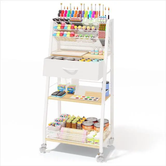 Main image of 3 Tier Rolling Cart - Metal Utility Cart with Storage Drawer and Wheels, Versatile Art & Craft Organizer for Home, Office, or Studio - Ideal for Storing Brushes, Paints, and SuppliesMaple