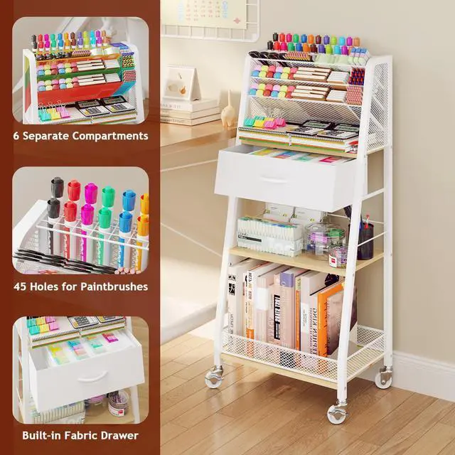 Alt view image 3 of 7 - 3 Tier Rolling Cart - Metal Utility Cart with Storage Drawer and Wheels, Versatile Art & Craft Organizer for Home, Office, or Studio - Ideal for Storing Brushes, Paints, and SuppliesMaple