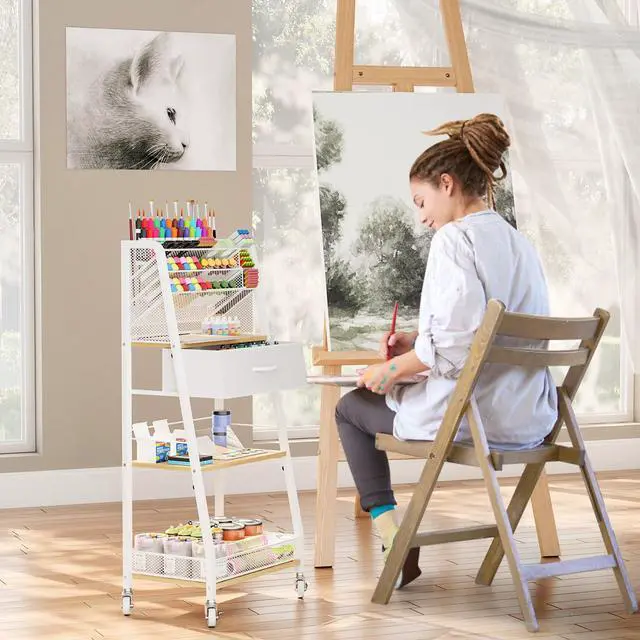 Alt view image 4 of 7 - 3 Tier Rolling Cart - Metal Utility Cart with Storage Drawer and Wheels, Versatile Art & Craft Organizer for Home, Office, or Studio - Ideal for Storing Brushes, Paints, and SuppliesMaple