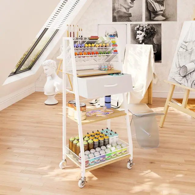 Alt view image 5 of 7 - 3 Tier Rolling Cart - Metal Utility Cart with Storage Drawer and Wheels, Versatile Art & Craft Organizer for Home, Office, or Studio - Ideal for Storing Brushes, Paints, and SuppliesMaple