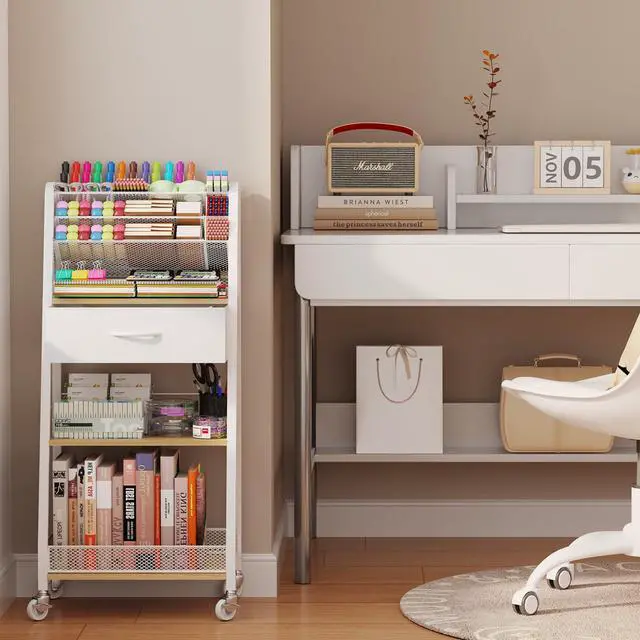Alt view image 6 of 7 - 3 Tier Rolling Cart - Metal Utility Cart with Storage Drawer and Wheels, Versatile Art & Craft Organizer for Home, Office, or Studio - Ideal for Storing Brushes, Paints, and SuppliesMaple