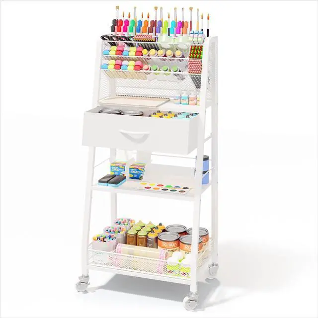 Main image of 3 Tier Rolling Cart - Metal Utility Cart with Storage Drawer and Wheels, Versatile Art & Craft Organizer for Home, Office, or Studio - Ideal for Storing Brushes, Paints, and SuppliesWhite