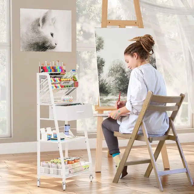 Alt view image 2 of 7 - 3 Tier Rolling Cart - Metal Utility Cart with Storage Drawer and Wheels, Versatile Art & Craft Organizer for Home, Office, or Studio - Ideal for Storing Brushes, Paints, and SuppliesWhite