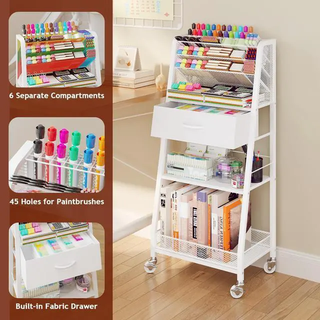 Alt view image 3 of 7 - 3 Tier Rolling Cart - Metal Utility Cart with Storage Drawer and Wheels, Versatile Art & Craft Organizer for Home, Office, or Studio - Ideal for Storing Brushes, Paints, and SuppliesWhite