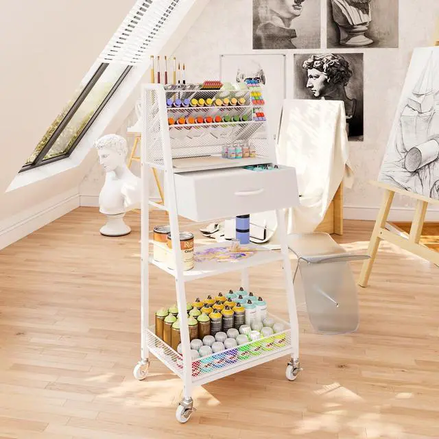 Alt view image 7 of 7 - 3 Tier Rolling Cart - Metal Utility Cart with Storage Drawer and Wheels, Versatile Art & Craft Organizer for Home, Office, or Studio - Ideal for Storing Brushes, Paints, and SuppliesWhite