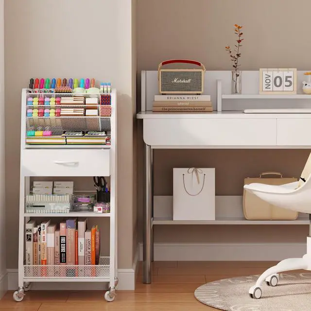 Alt view image 5 of 7 - 3 Tier Rolling Cart - Metal Utility Cart with Storage Drawer and Wheels, Versatile Art & Craft Organizer for Home, Office, or Studio - Ideal for Storing Brushes, Paints, and SuppliesWhite