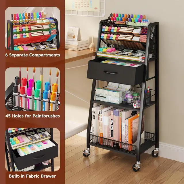 Alt view image 3 of 7 - 3 Tier Rolling Cart - Metal Utility Cart with Storage Drawer and Wheels, Versatile Art & Craft Organizer for Home, Office, or Studio - Ideal for Storing Brushes, Paints, and SuppliesBlack