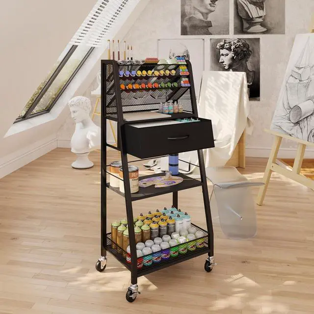 Alt view image 4 of 7 - 3 Tier Rolling Cart - Metal Utility Cart with Storage Drawer and Wheels, Versatile Art & Craft Organizer for Home, Office, or Studio - Ideal for Storing Brushes, Paints, and SuppliesBlack