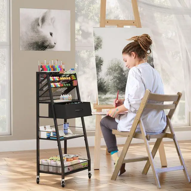 Alt view image 5 of 7 - 3 Tier Rolling Cart - Metal Utility Cart with Storage Drawer and Wheels, Versatile Art & Craft Organizer for Home, Office, or Studio - Ideal for Storing Brushes, Paints, and SuppliesBlack