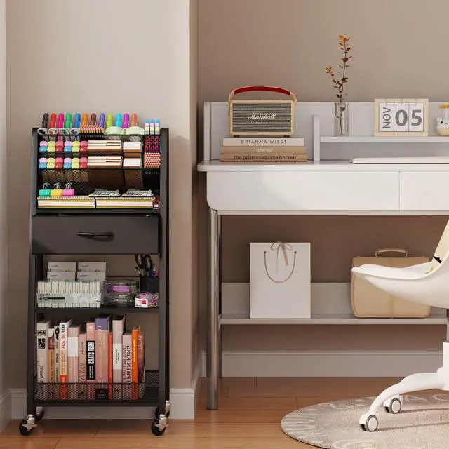 Alt view image 6 of 7 - 3 Tier Rolling Cart - Metal Utility Cart with Storage Drawer and Wheels, Versatile Art & Craft Organizer for Home, Office, or Studio - Ideal for Storing Brushes, Paints, and SuppliesBlack