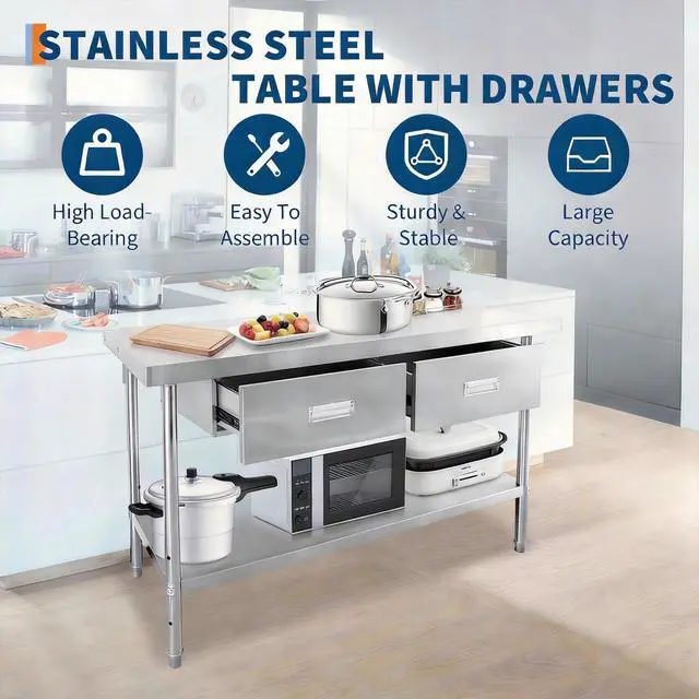 Alt view image 6 of 7 - Stainless Steel Table with Drawers | 48" X 24" Commercial Work Tables with Undershelf, Metal Kitchen Prep Table for Home Restaurant Garage, Commercial Workbench