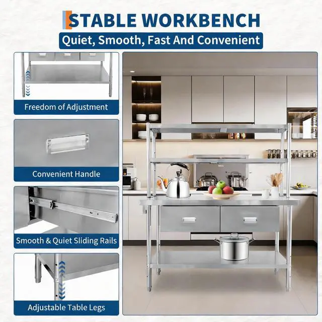 Alt view image 3 of 7 - Stainless Steel Table with Overshelves and Drawers, Work Tables Workbench | 48" X 24" Heavy Duty Commercial Work & Prep Table with Adjustable Undershelf for Home Restaurant Kitchen Garage