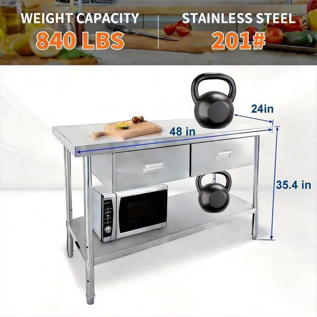 Alt view image 2 of 7 - Stainless Steel Table with Drawers | 48" X 24" Commercial Work Tables with Undershelf, Metal Kitchen Prep Table for Home Restaurant Garage, Commercial Workbench