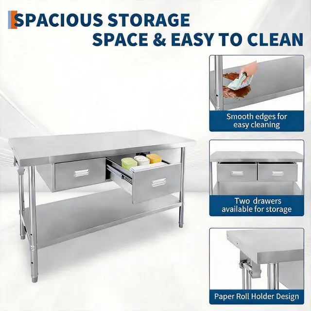Alt view image 4 of 7 - Stainless Steel Table with Drawers | 48" X 24" Commercial Work Tables with Undershelf, Metal Kitchen Prep Table for Home Restaurant Garage, Commercial Workbench