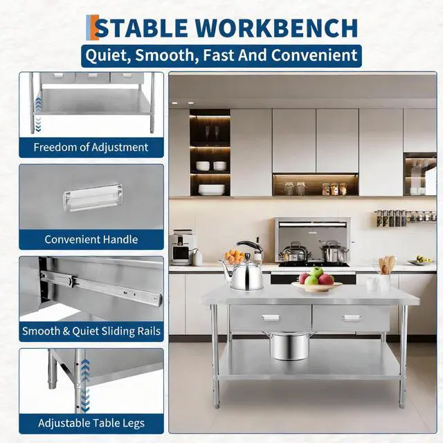Alt view image 3 of 7 - Stainless Steel Table with Drawers | 48" X 24" Commercial Work Tables with Undershelf, Metal Kitchen Prep Table for Home Restaurant Garage, Commercial Workbench