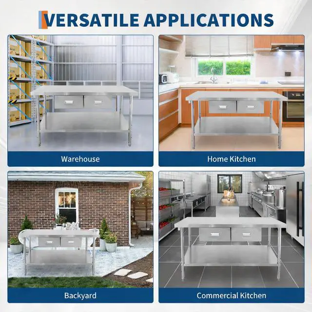Alt view image 7 of 7 - Stainless Steel Table with Drawers | 48" X 24" Commercial Work Tables with Undershelf, Metal Kitchen Prep Table for Home Restaurant Garage, Commercial Workbench