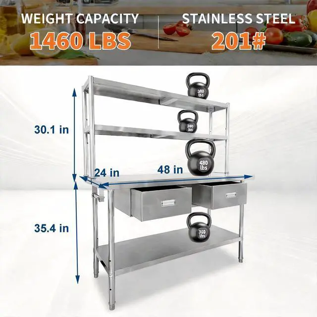 Alt view image 2 of 7 - Stainless Steel Table with Overshelves and Drawers, Work Tables Workbench | 48" X 24" Heavy Duty Commercial Work & Prep Table with Adjustable Undershelf for Home Restaurant Kitchen Garage