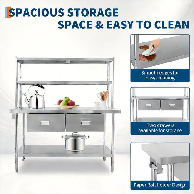 Alt view image 4 of 7 - Stainless Steel Table with Overshelves and Drawers, Work Tables Workbench | 48" X 24" Heavy Duty Commercial Work & Prep Table with Adjustable Undershelf for Home Restaurant Kitchen Garage