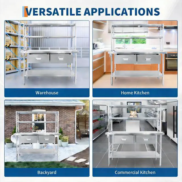 Alt view image 7 of 7 - Stainless Steel Table with Overshelves and Drawers, Work Tables Workbench | 48" X 24" Heavy Duty Commercial Work & Prep Table with Adjustable Undershelf for Home Restaurant Kitchen Garage