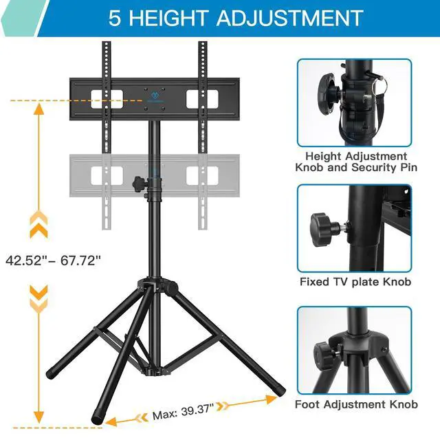 Alt view image 4 of 7 - TV Tripod Stand with ±20° Tilt and 360° Swivel,Portable TV Stand for 37-85 Inch LED LCD OLED Flat Screen TVs,Height Adjustable Outdoor TV Stand with VESA 600x400mm up to 110 lbs PSTM2