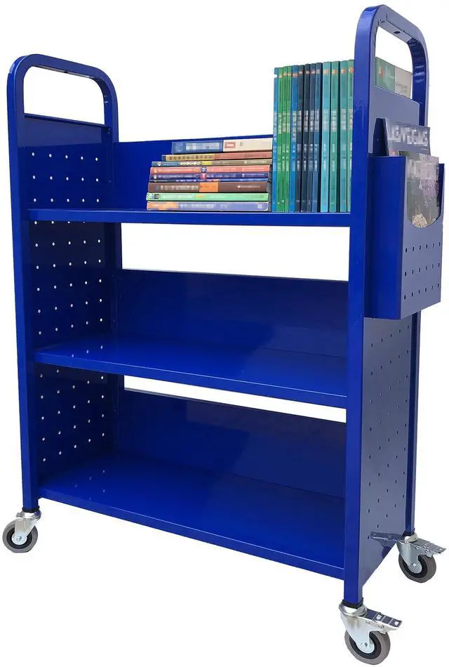 Main image of Rolling Book Truck Book Cart with 3 Flat Shelves, Library Book Cart with Swivel Lockable Casters 3001 Blue