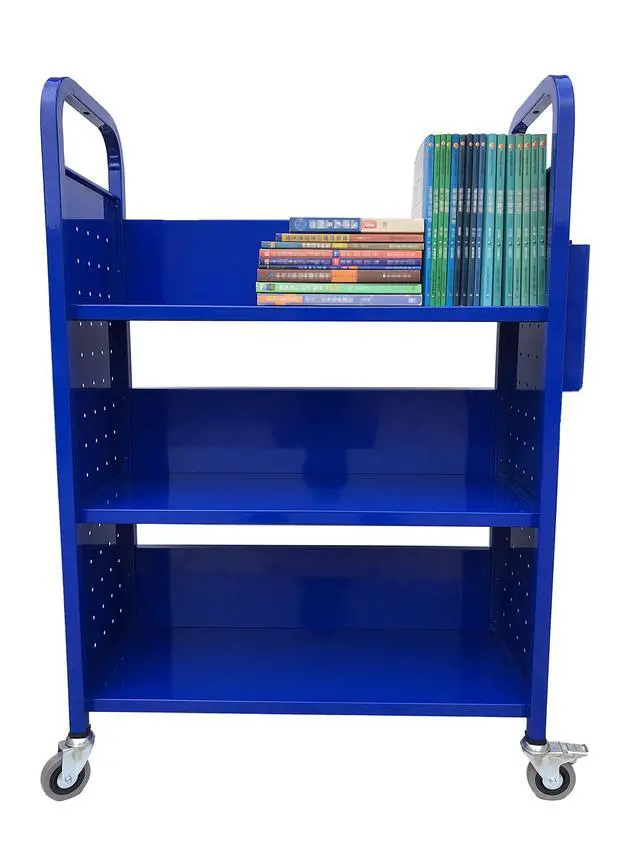 Alt view image 2 of 7 - Rolling Book Truck Book Cart with 3 Flat Shelves, Library Book Cart with Swivel Lockable Casters 3001 Blue