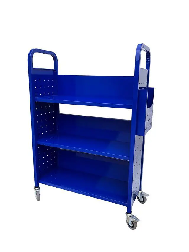 Alt view image 4 of 7 - Rolling Book Truck Book Cart with 3 Flat Shelves, Library Book Cart with Swivel Lockable Casters 3001 Blue