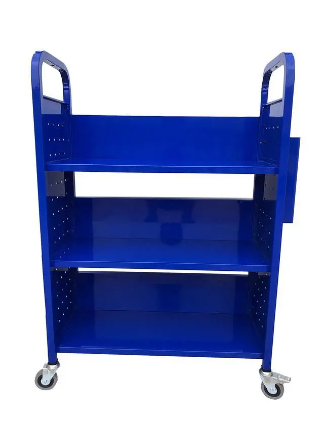 Alt view image 3 of 7 - Rolling Book Truck Book Cart with 3 Flat Shelves, Library Book Cart with Swivel Lockable Casters 3001 Blue